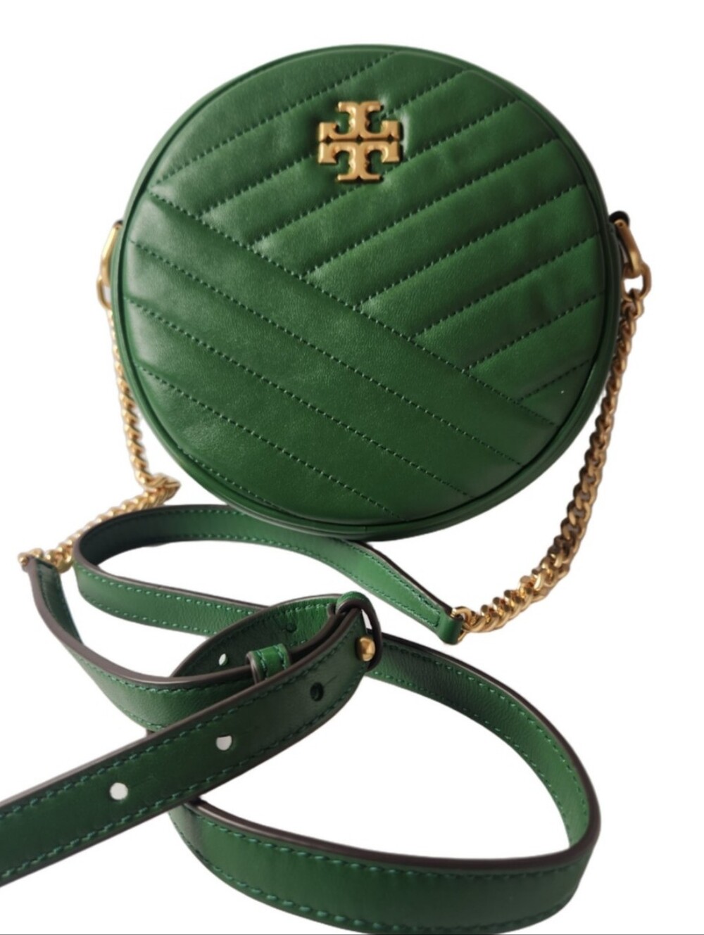 Tory Burch Kira Chevron Green Quilted Leather Circle Crossbody Bag